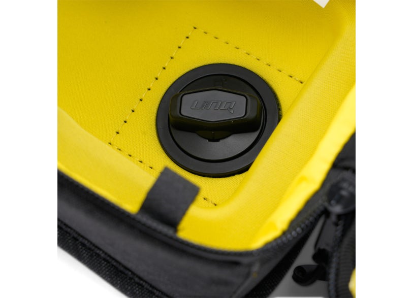 Can-Am Origin LinQ tank bag mounting attachment closeup yellow and black EV motorcycle bag