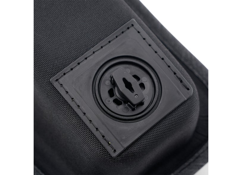 Can-Am Pulse LinQ tank bag closeup showing LinQ mounting attachment for EV motorcycles