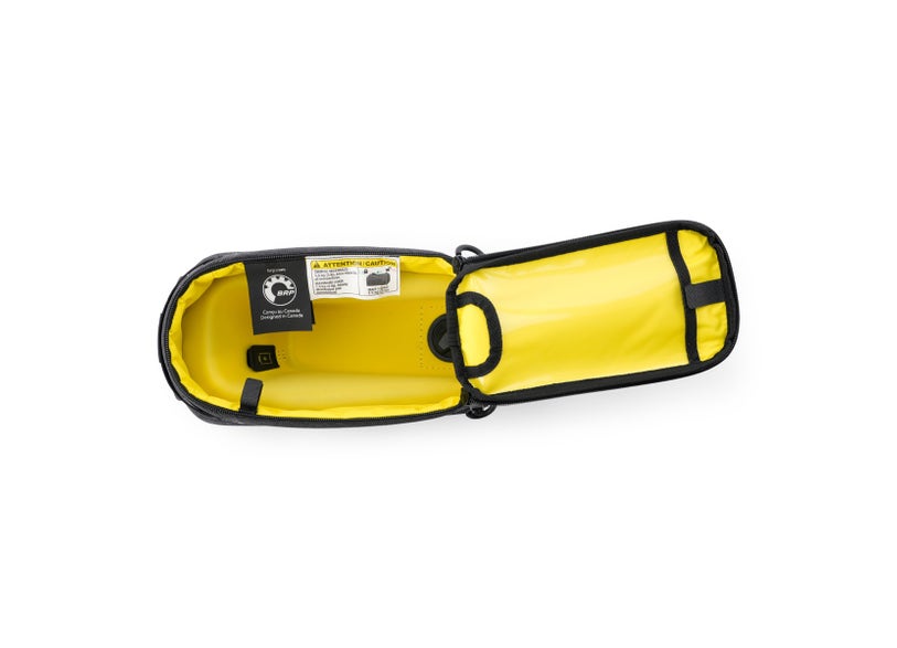 Can-Am Pulse LinQ tank bag for EV motorcycles interior view with yellow waterproof lining open