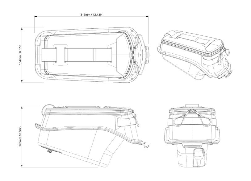 Can-Am Pulse LinQ tank bag technical drawing showing dimensions and mounting views for EV motorcycles
