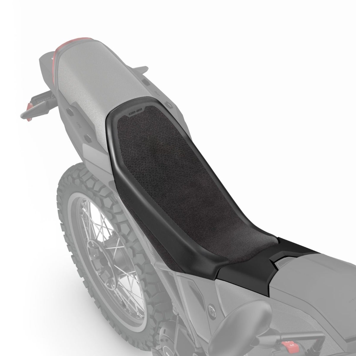 Can-Am Origin driver comfort seat installed on EV motorcycle rear view