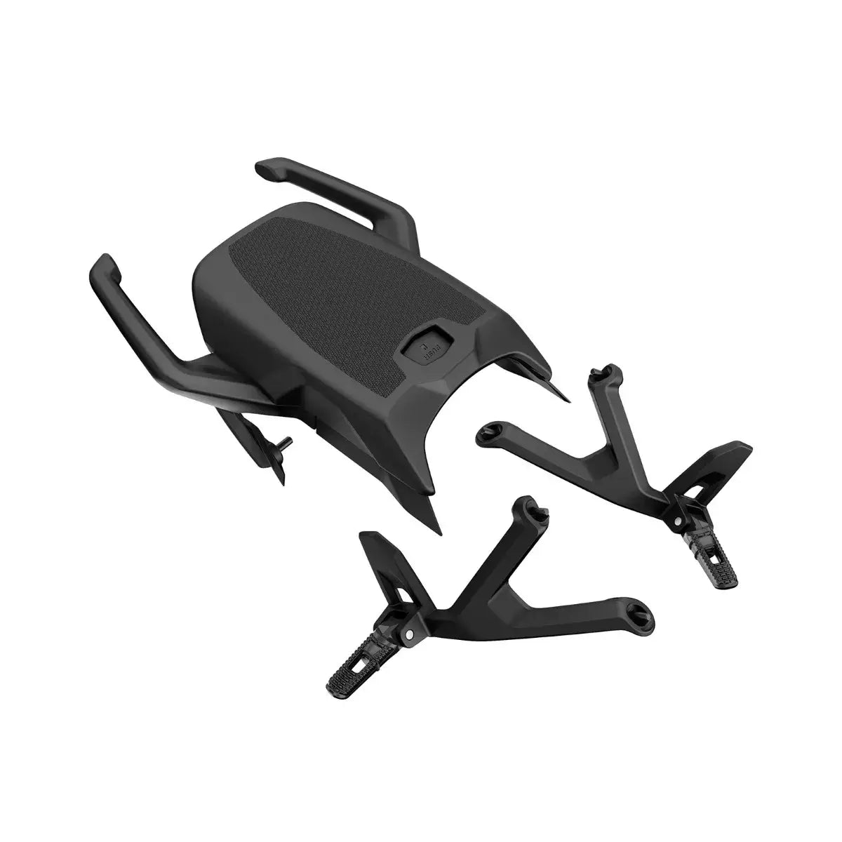 Black motorcycle seat and rear subframe on a white background