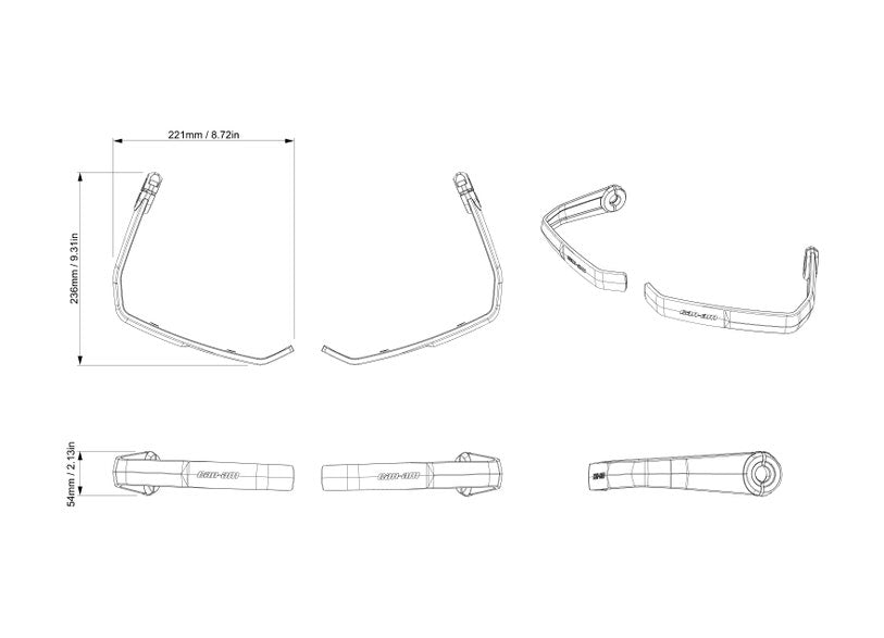 Can-Am Origin and Pulse aluminum handguards technical diagram with dimensions for EV motorcycles