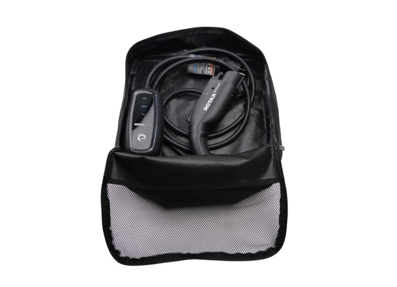 Can-Am Rotax EVSE Level 1 charging cable in storage bag for Origin and Pulse electric motorcycles