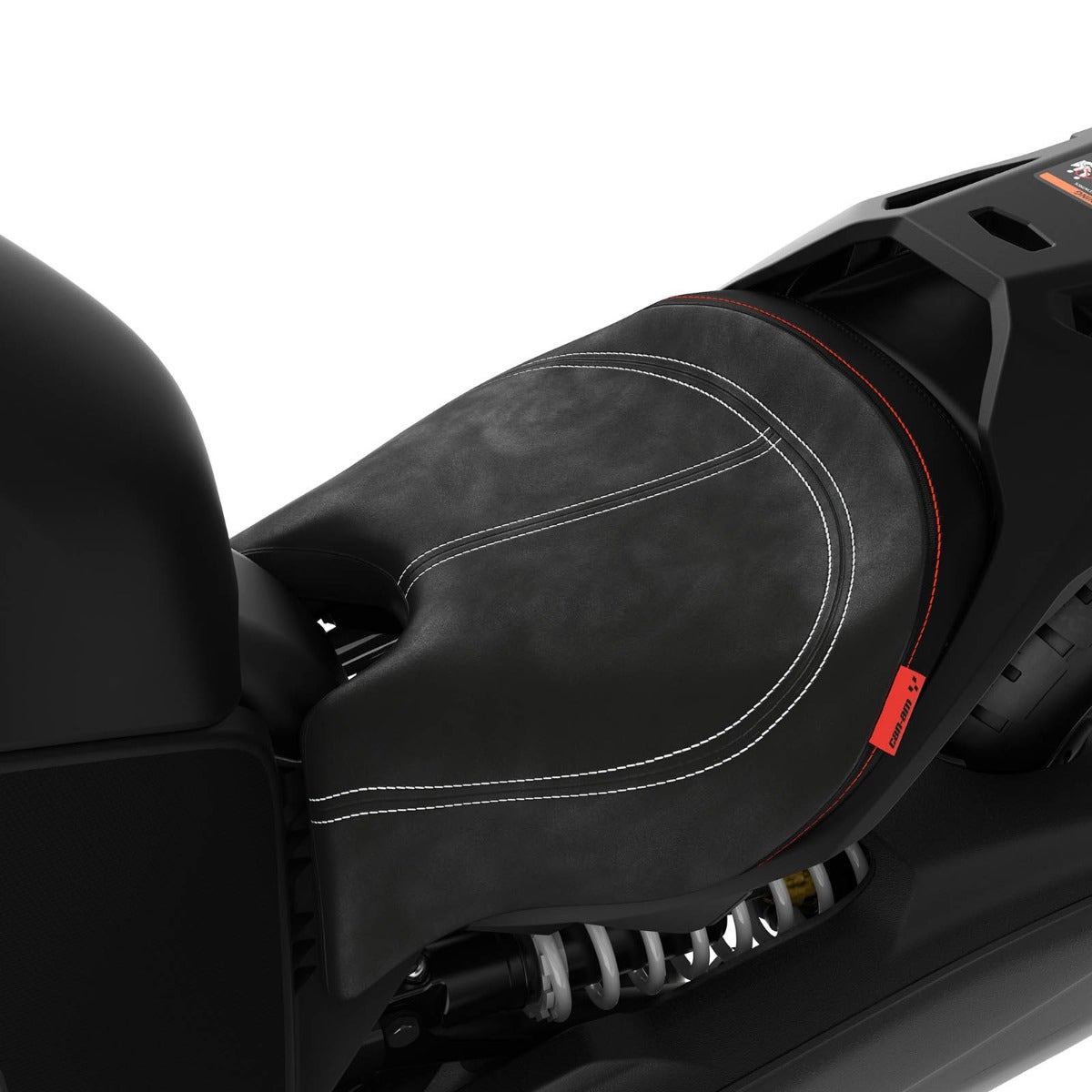 Can-Am Ryker driver comfort seat close-up black stitched leather with rear shock absorber