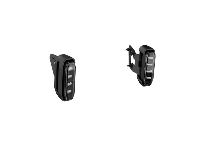 Can-Am Pulse LED fog lights for EV motorcycles, black housing, front and mounting bracket views
