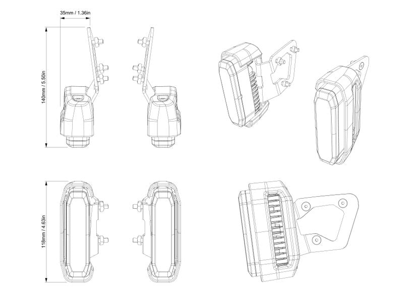 Can-Am Pulse LED fog light technical diagram with dimensions for EV motorcycles