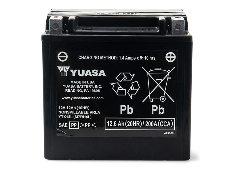 Yuasa YTX14L 12V AGM battery front view for Sea-Doo and Can-Am powersports