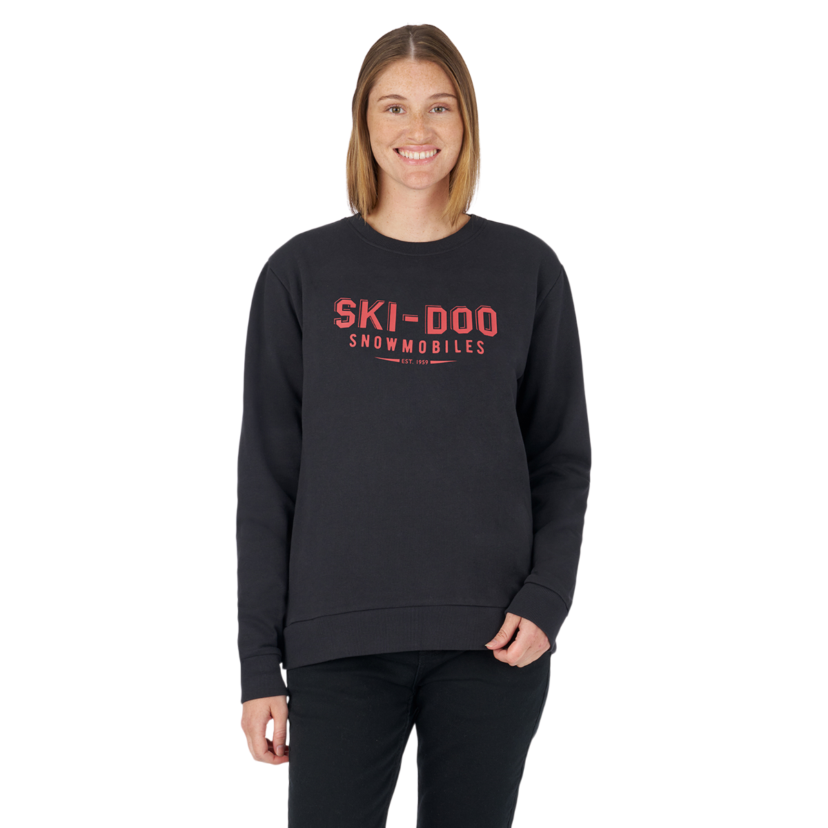 Rider wearing the Ski-Doo Women's Vintage Crew Sweatshirt in Black, 288051