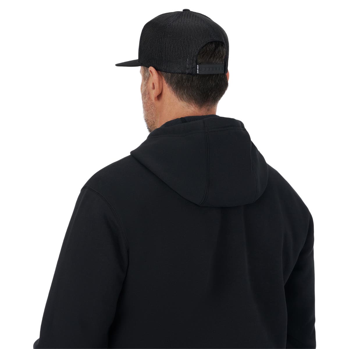 Can-Am On-Road unisex flat cap in black with mesh back, rear view worn with hoodie