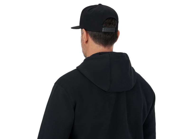Can-Am On-Road DNA Fat Cap black snapback worn back view with hoodie