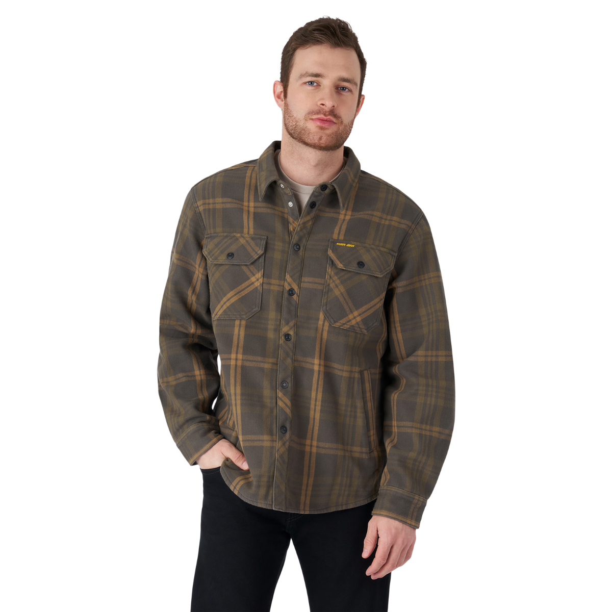 Can-Am Men's Bonded Plaid Overshirt Army Green, front
