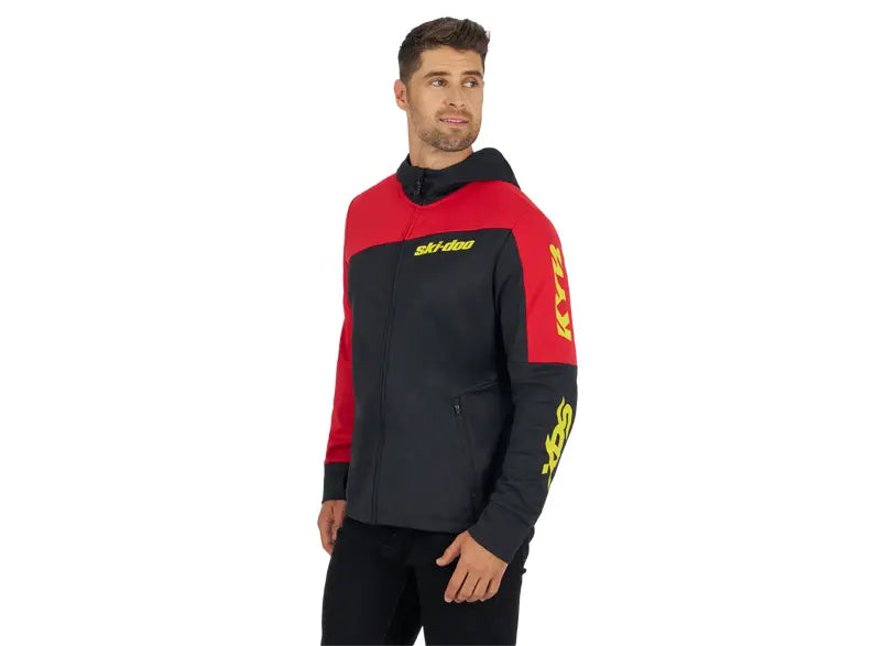 Ski-Doo Men's X-Team Edition Sno-X Zip-up hoodie black red worn by model front view, 288191