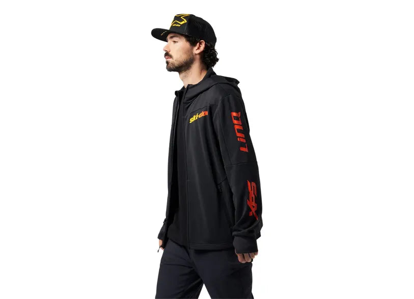 Men's Ski-Doo X-Team Edition Sno-X zip-up hoodie black with yellow red logo side view, 288191