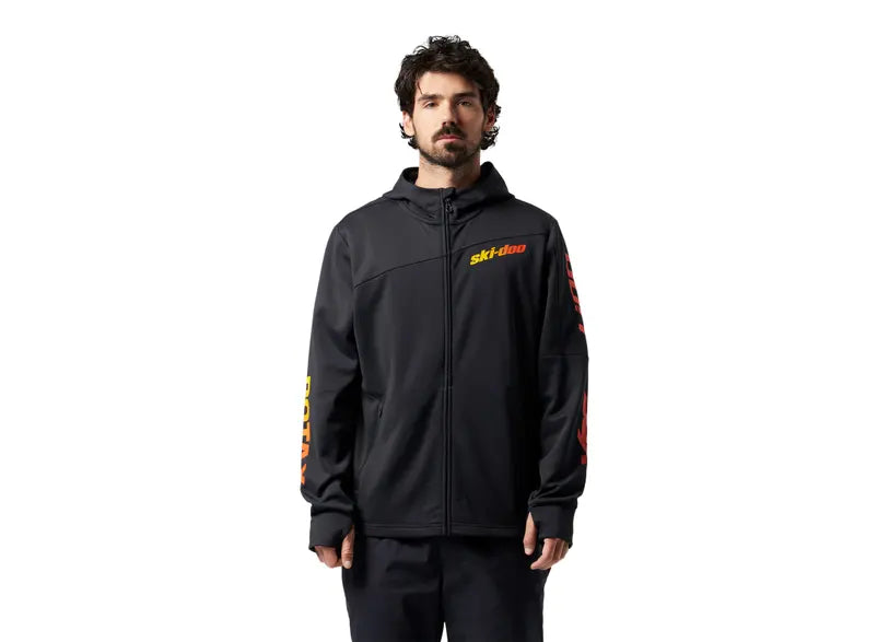 Ski-Doo Men's X-Team Edition Sno-X Zip-up hoodie in black with logo graphics front view, 288191