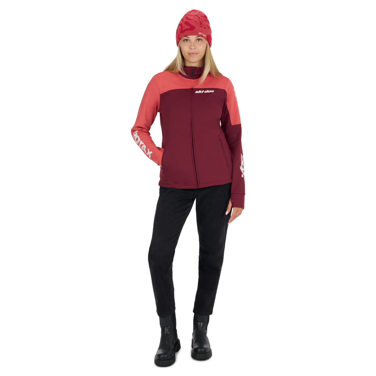 Rider wearing the Ski-Doo Women's X-Team Edition Sno-X Zip-Up in Wine