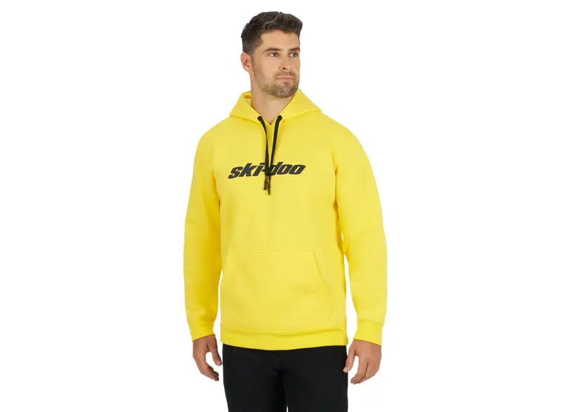 Rider wearing the Ski-Doo Men's Signature Pullover Hoodie in Yellow, 288209