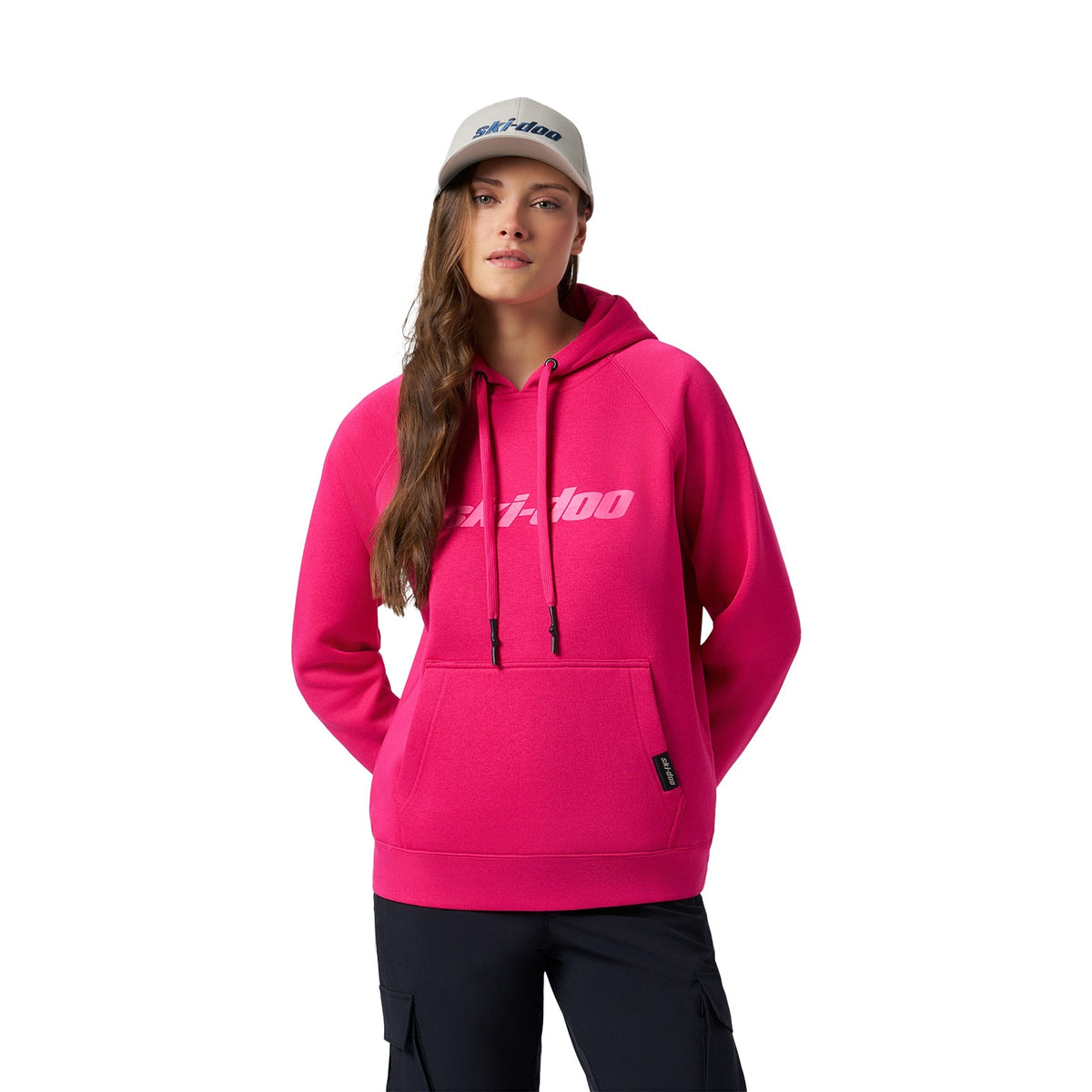 Ski-Doo Women's Signature Pullover Hoodie in Raspberry 288210, logo detail