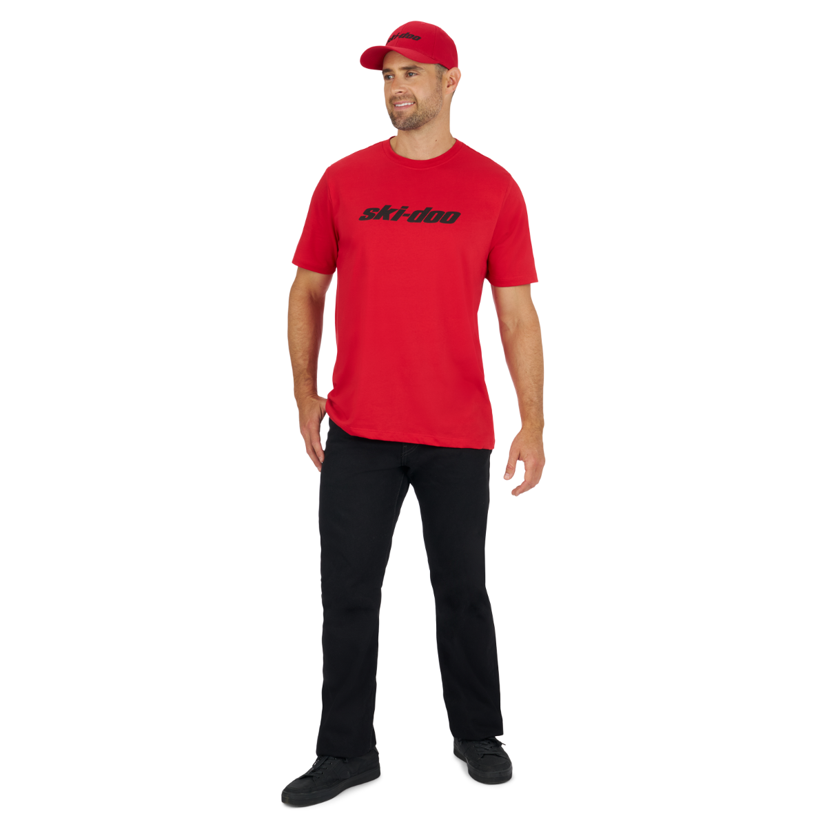 Rider wearing the Ski-Doo Men's Signature T-Shirt in Red, 288300