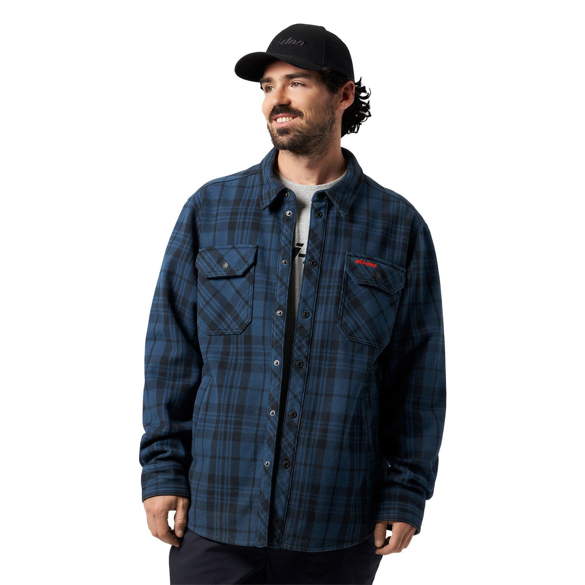 Ski-Doo Men's Plaid Bonded Overshirt in Denim Blue 288301, pocket detail