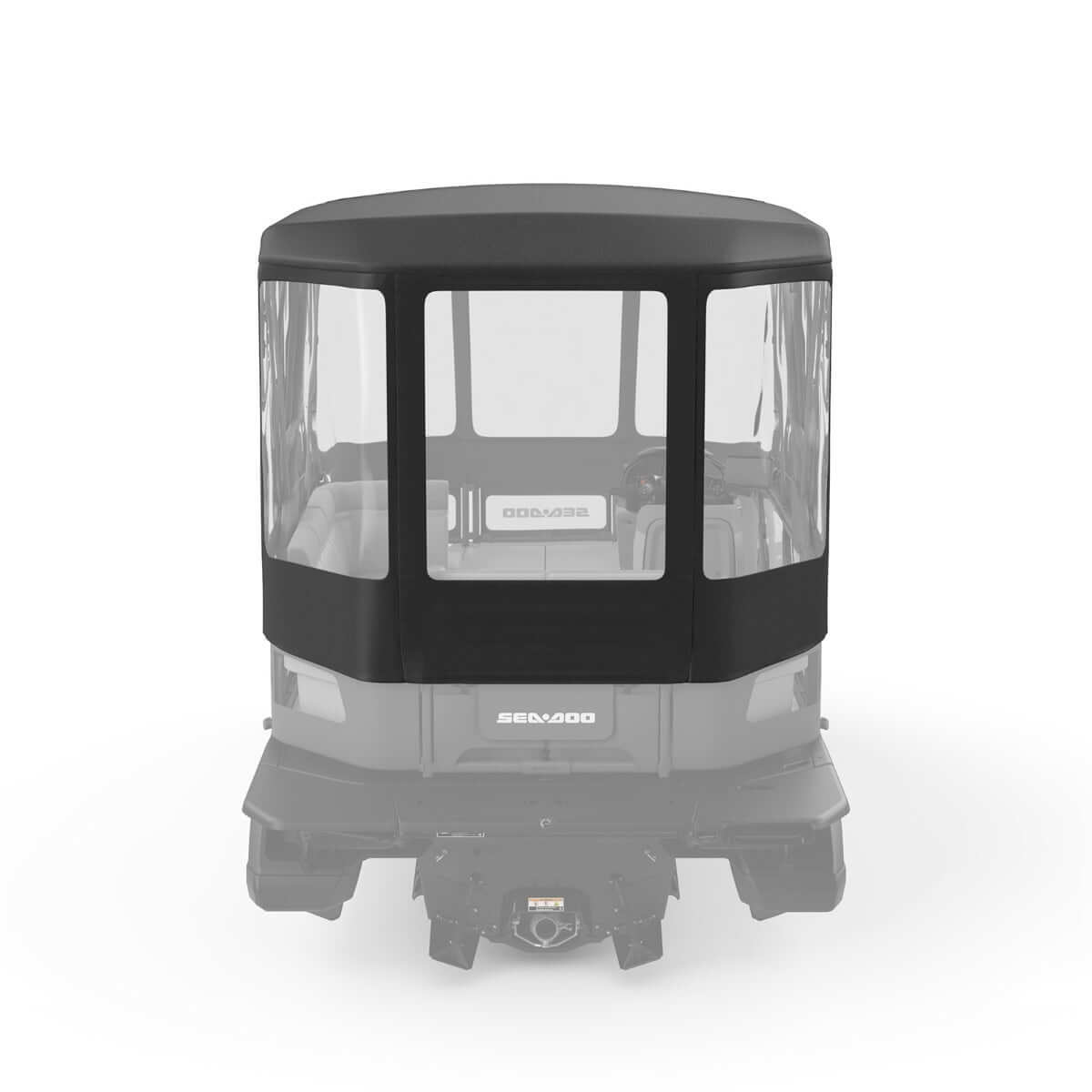 Sea-Doo Camper Enclosure with clear windows installed on Switch 18 pontoon boat rear view