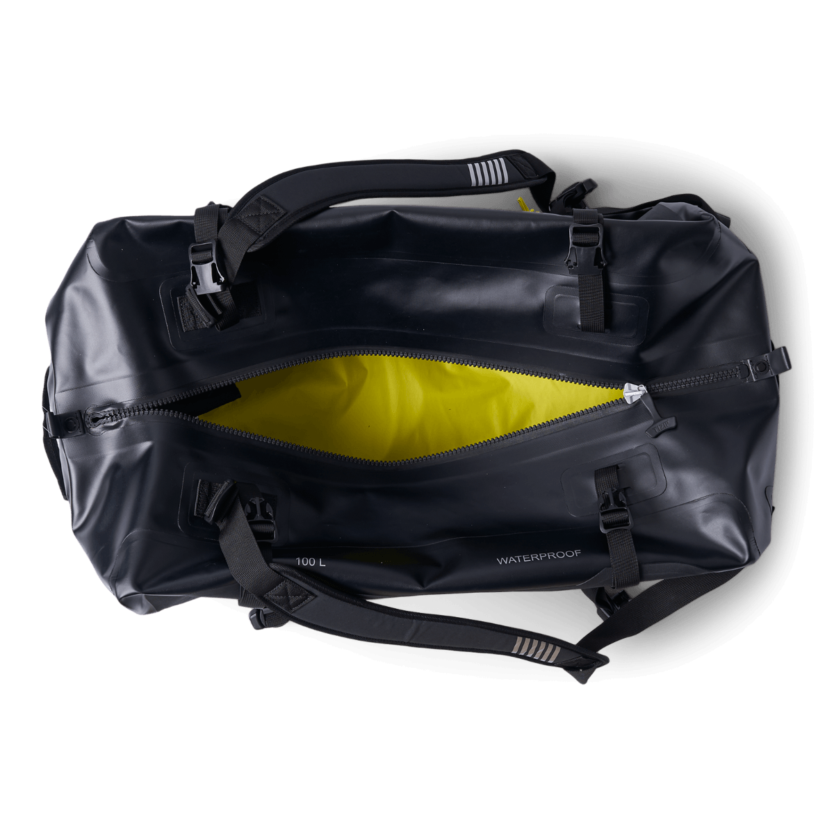 A duffel bag on a black background
