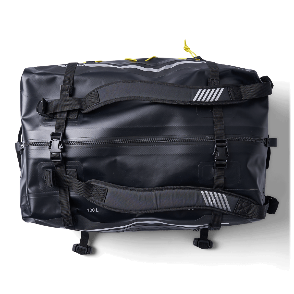 A black duffel bag on a black background