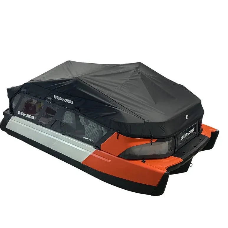Sea-Doo Switch 16 pontoon mooring and trailering cover installed on orange and black Switch pontoon