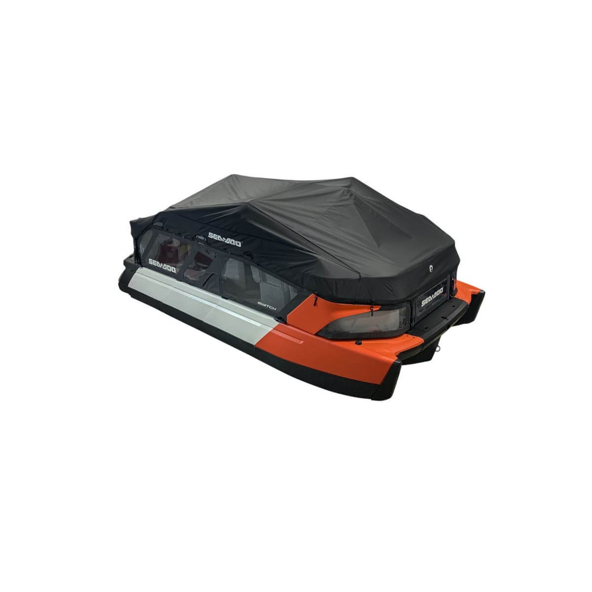 Sea-Doo Switch 16 pontoon mooring and trailering cover installed on orange and black Switch pontoon