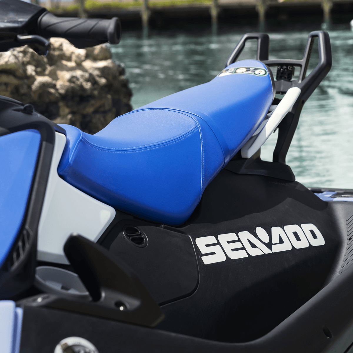 Sea-Doo Spark Spotter Handle and Camera Mount installed on blue Spark 3-up personal watercraft