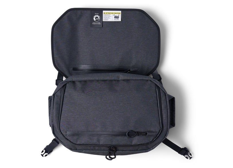 Sea-Doo LinQ 5.3 Gal semi-rigid cooler open view showing gray fabric interior and zippered pocket