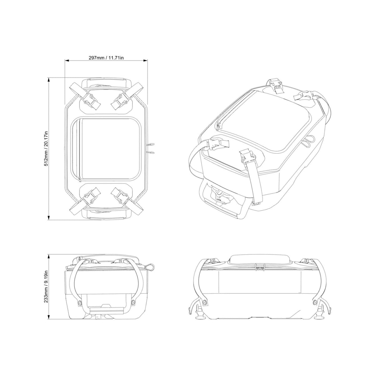 Sea-Doo LinQ 20L semi-rigid cooler dimension diagram with straps and mounting hardware