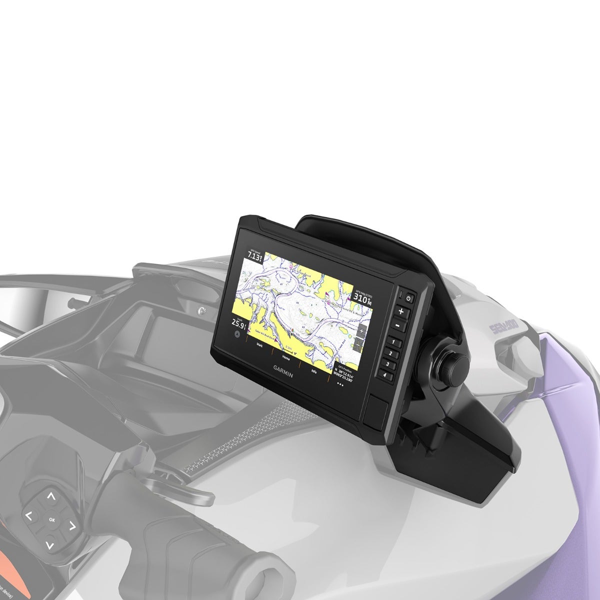 Sea-Doo Garmin ECHOMAP UHD 72sv GPS unit mounted on PWC dashboard with map display