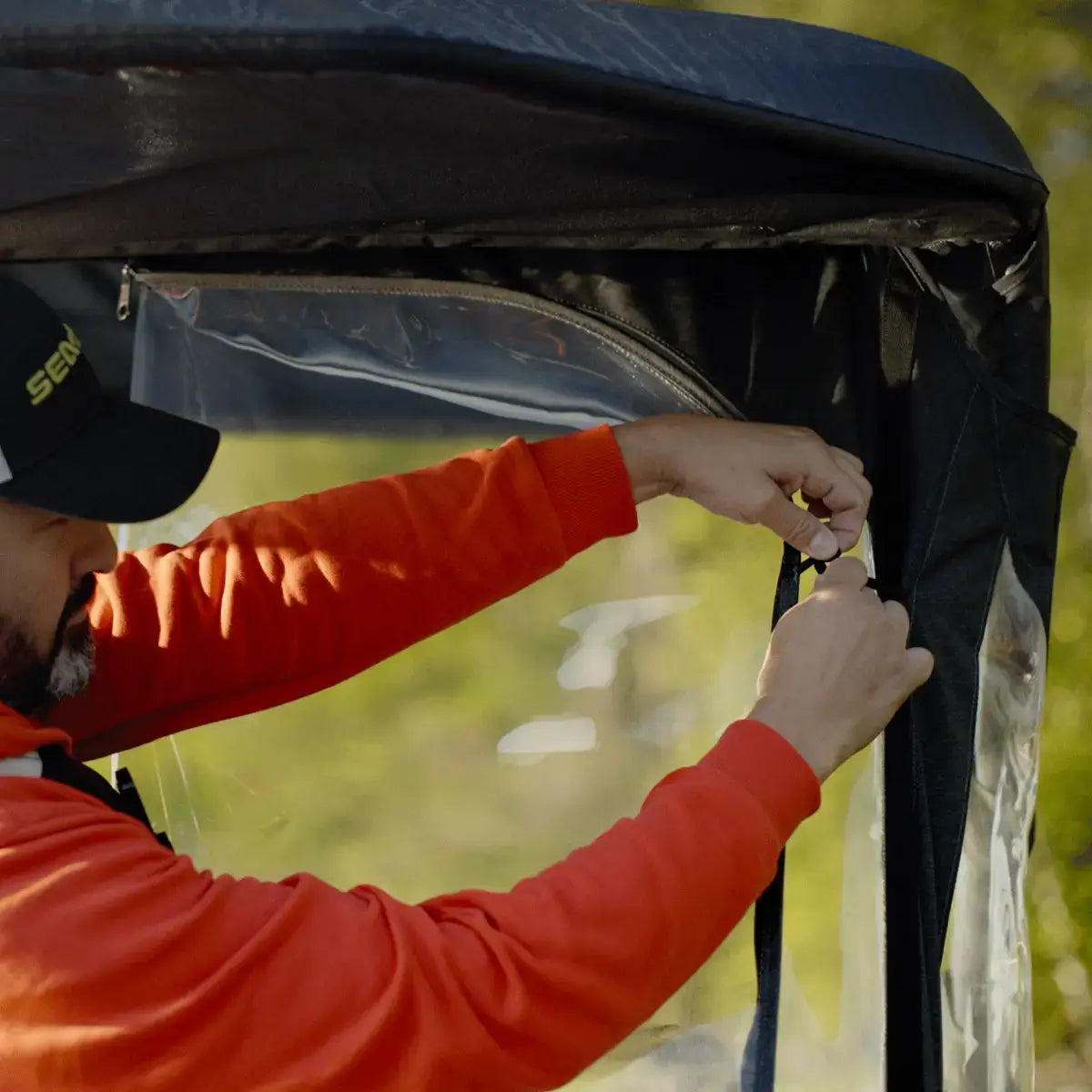 Installing Sea-Doo Switch Pontoon front dodger clear vinyl window with zipper closure