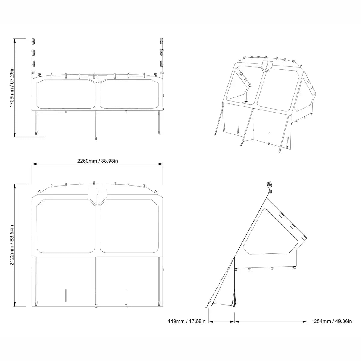 Sea-Doo Switch pontoon front dodger diagram with dimensions, wind protection canvas shield 295101418