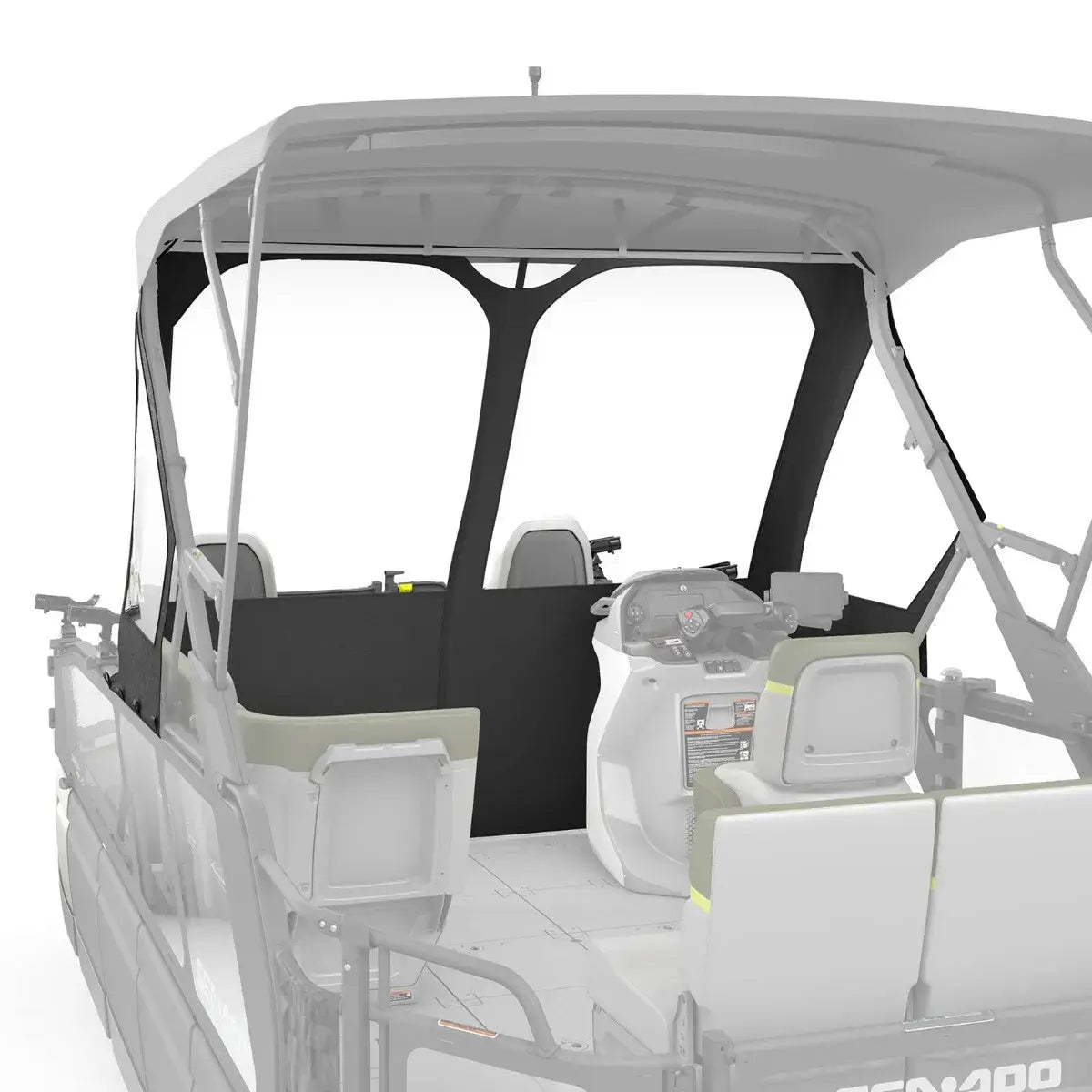 Sea-Doo Switch Pontoon front dodger canvas windshield installed on 21 ft pontoon console
