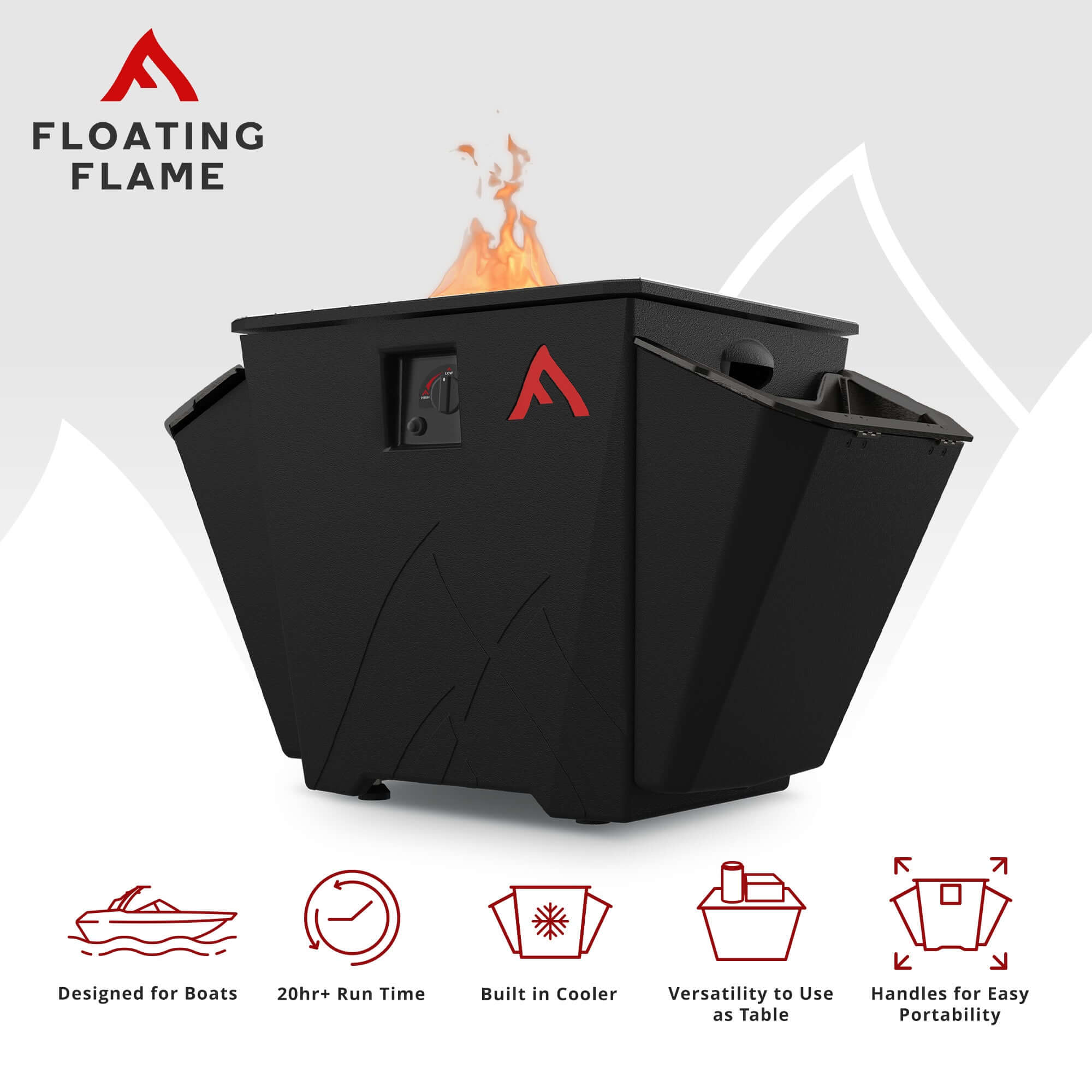 Floating Flame Portable Fire Pit front view with some stats