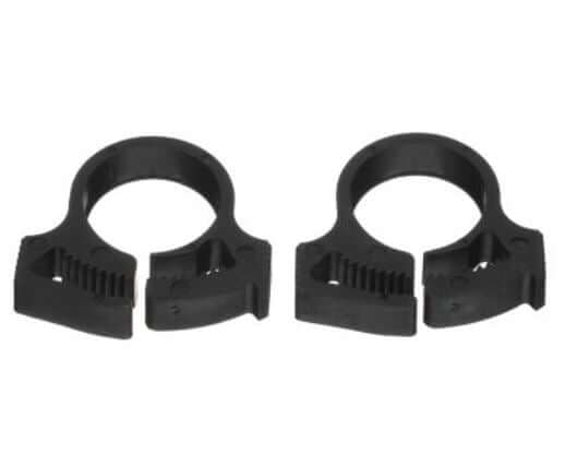 Two black plastic rings on a white background