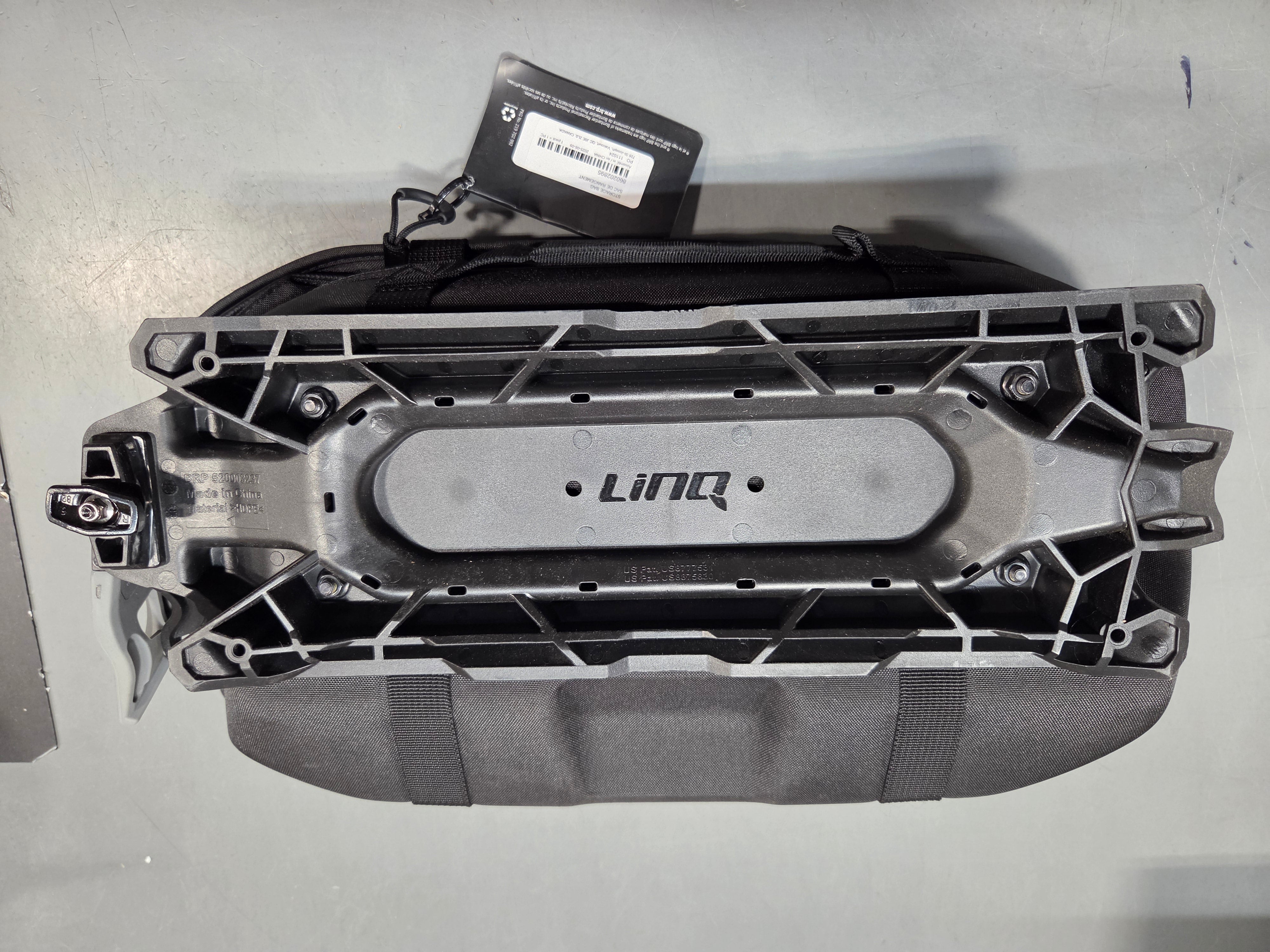 Ski-Doo LinQ 4.5 US Gal 17L Trail Expandable Bag underside showing LinQ mounting bracket