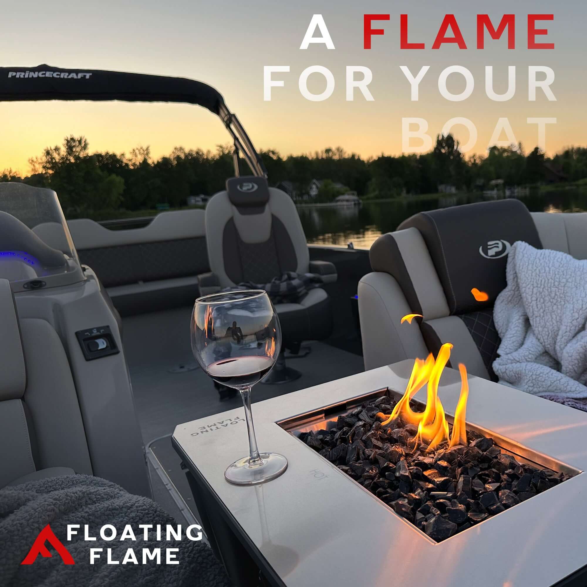 Floating Flame Portable Fire Pit on a boat with flame active