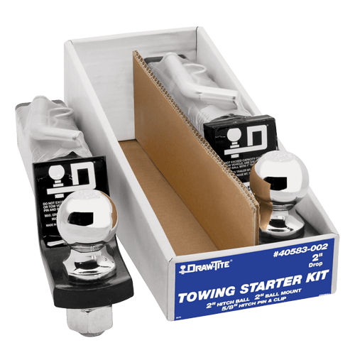 Draw-Tite towing starter kit with hitch ball and related components in a box.