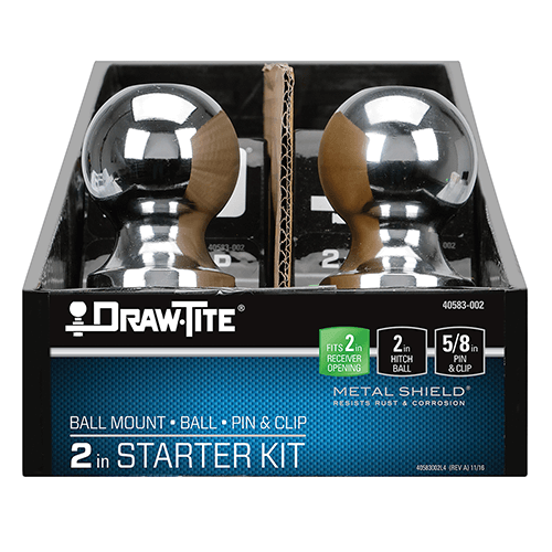 Draw-Tite hitch ball mounting kit packaging with ball and metal shield on a white background