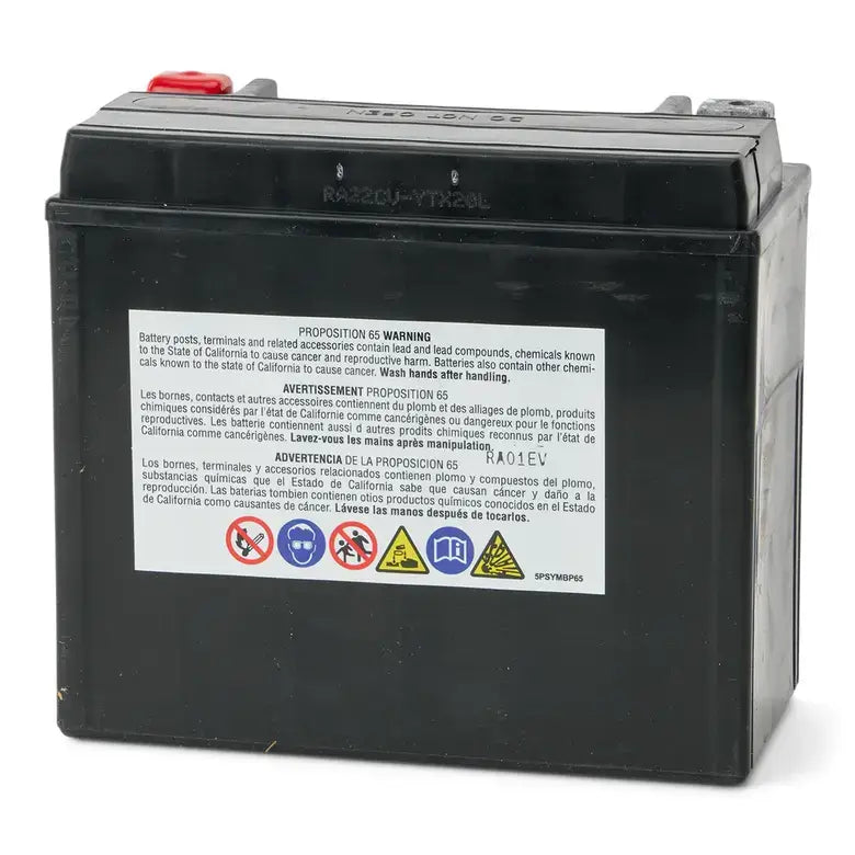 Black battery with warning label on a white background