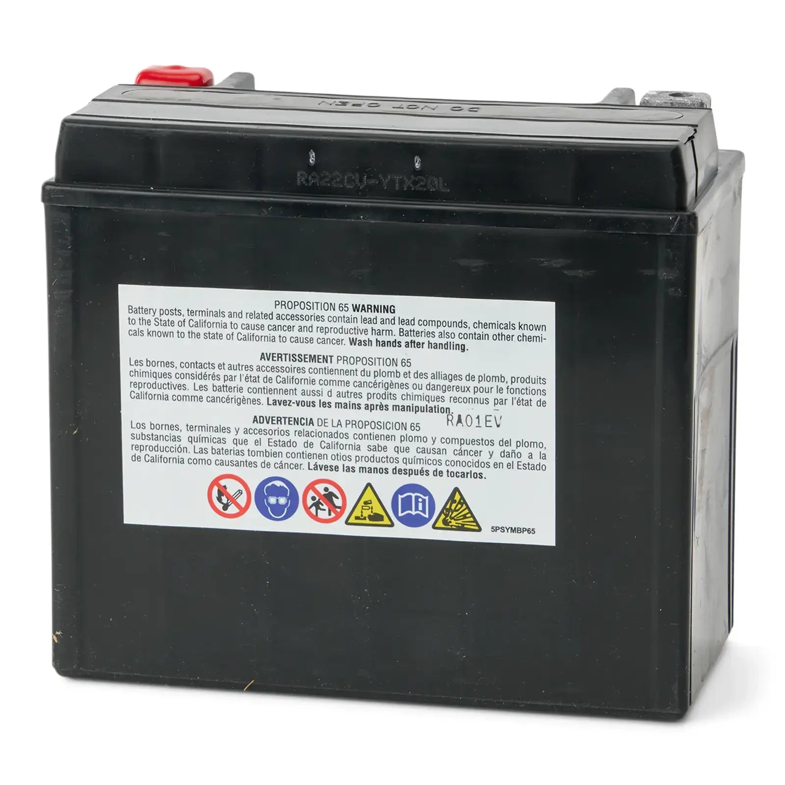 Black battery with warning label on a white background