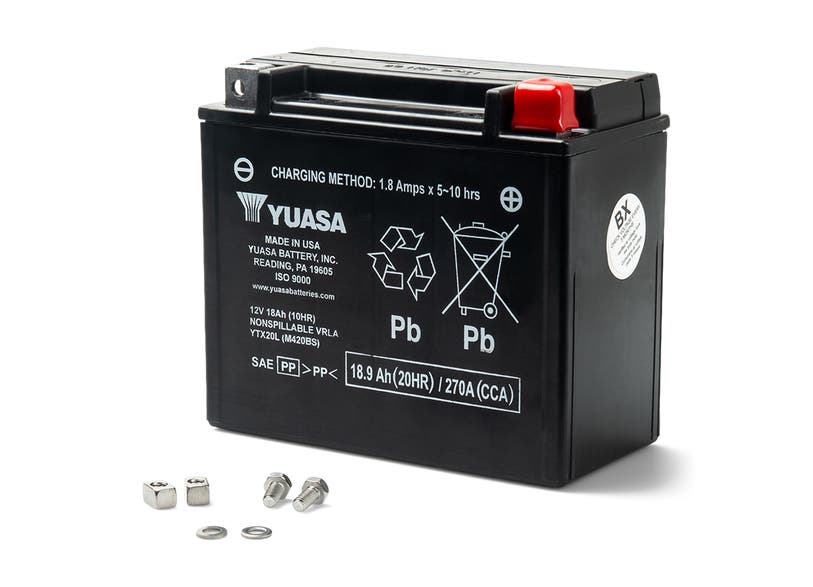 Ski-Doo Yuasa YTX20L-BS 12V 18Ah battery with mounting bolts and hardware