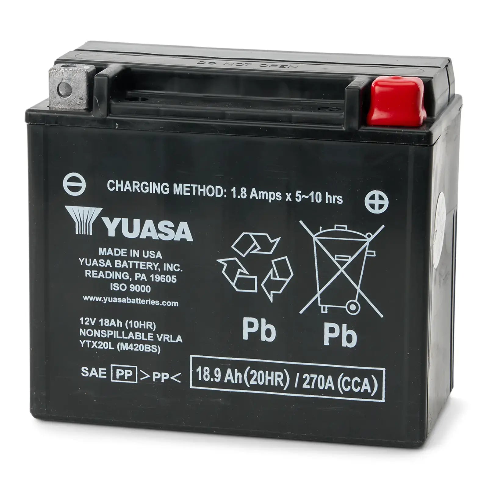 Yuasa battery with charging method and specifications on a white background