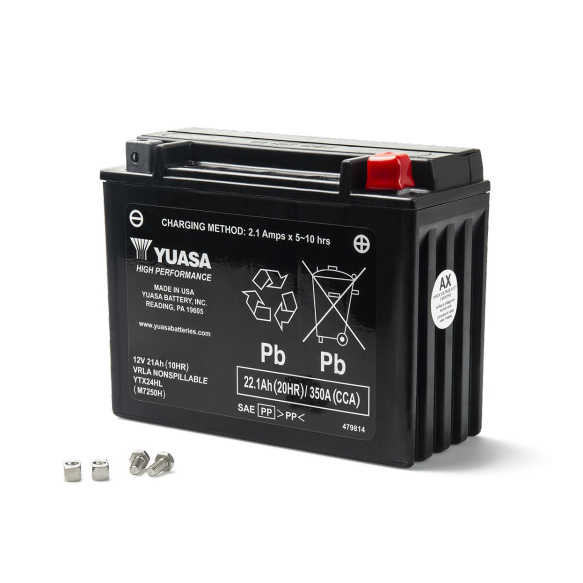 Yuasa YTX24HL 12V 21Ah 350 CCA powersports battery with mounting bolts