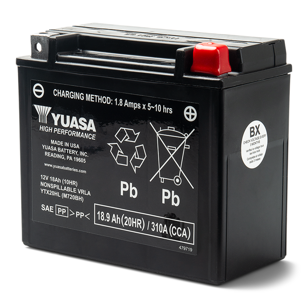 Yuasa Battery 18 Amps Wet (YTX20HL-PW), front, 415129898