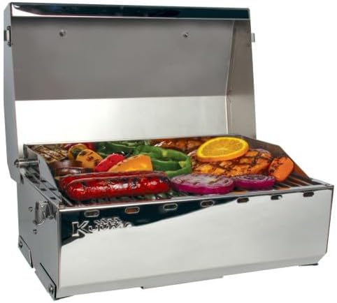 Kuuma Stow N' Go 125 stainless steel portable gas grill open with food on the grate, 58146