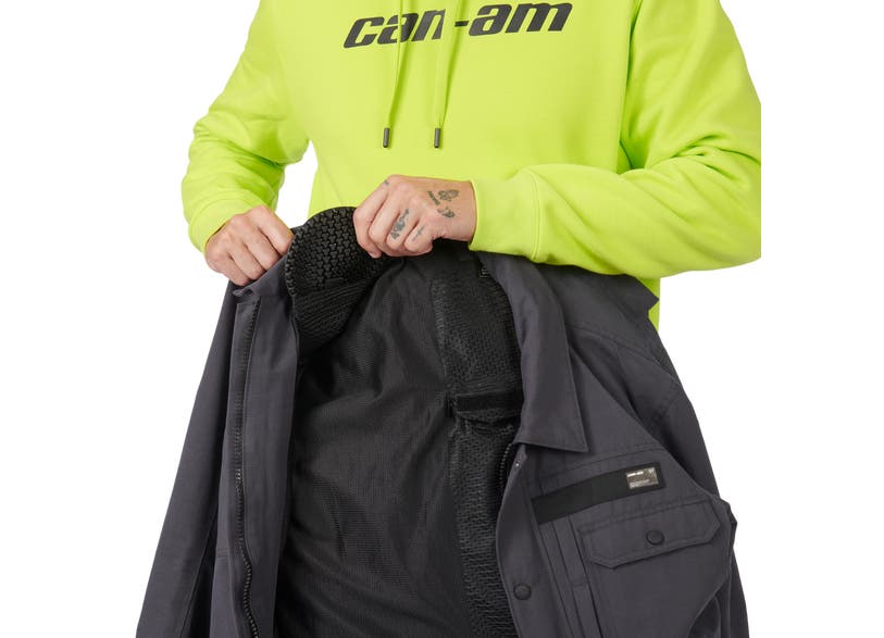 Can-Am Veda Chore jacket open front view showing mesh lining and customizable pad pockets